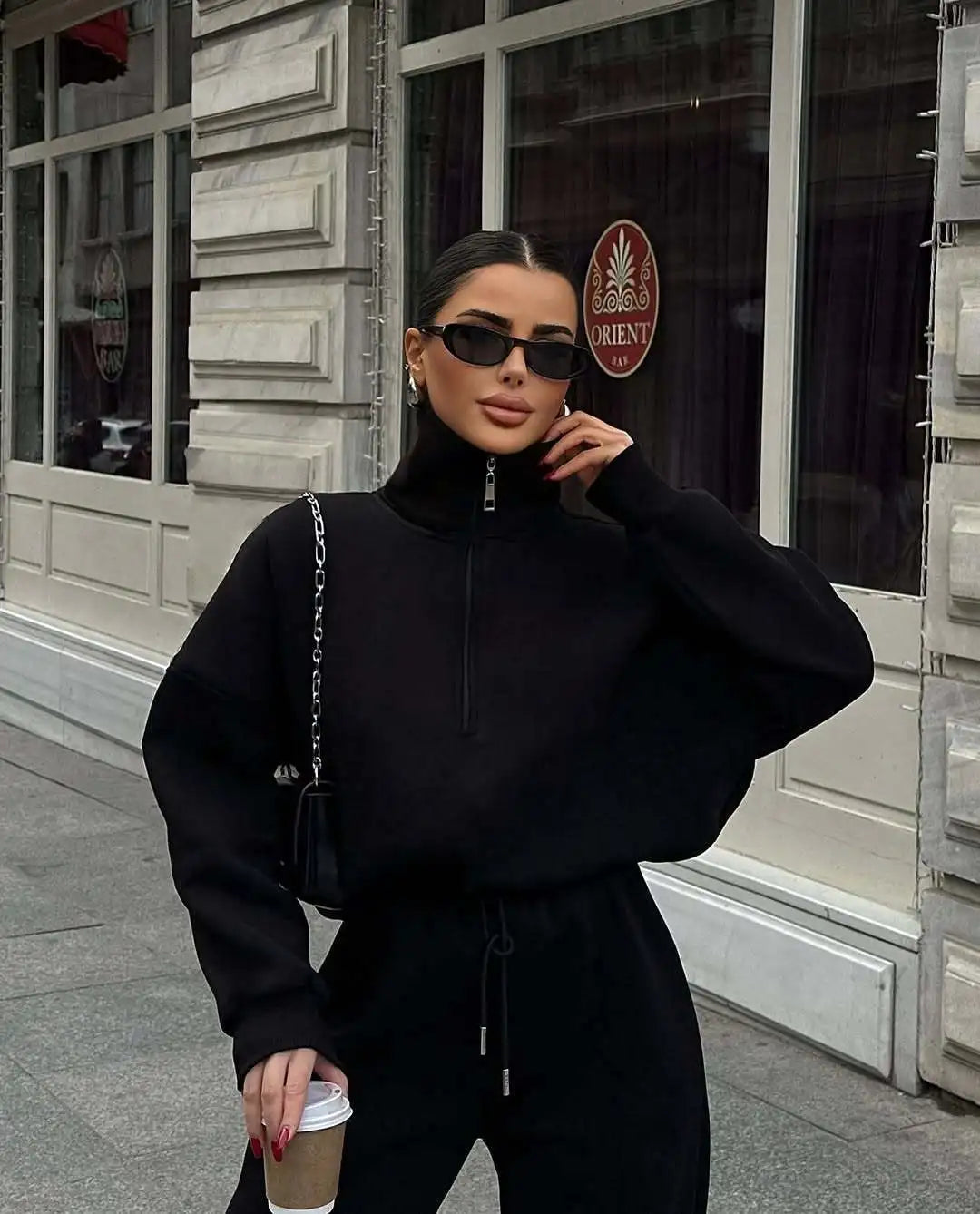 Solid Color Pullover Sweatshirt and Trousers Set for Women