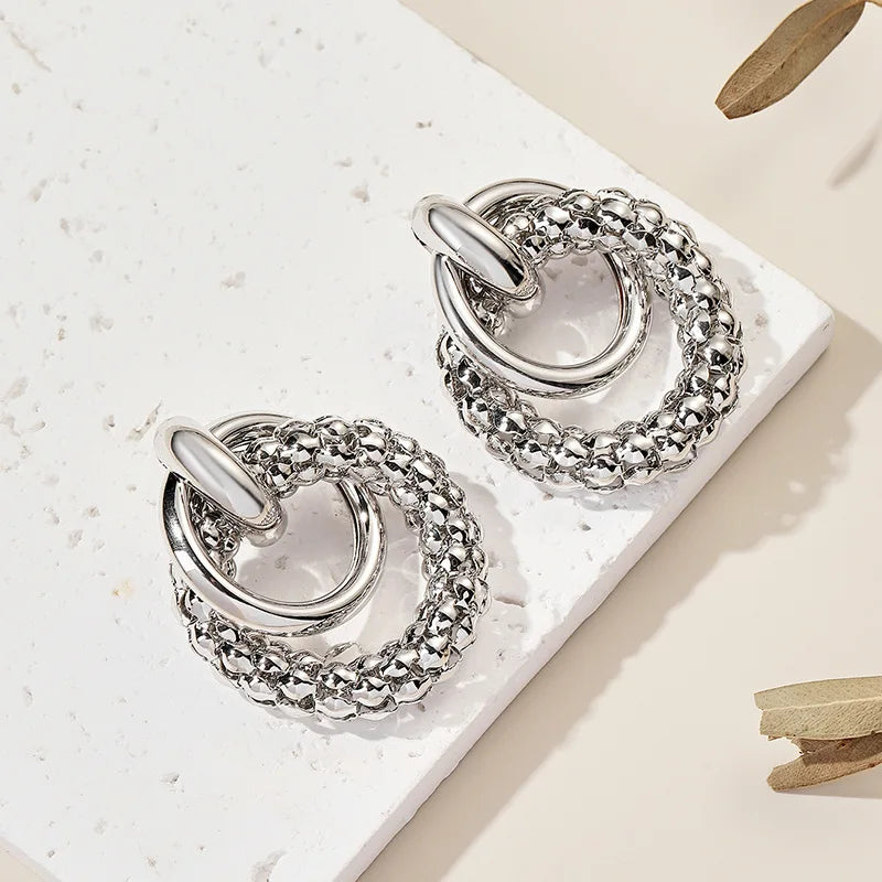 Trendy Women Drop Earrings Big Shiny Round Metal Design