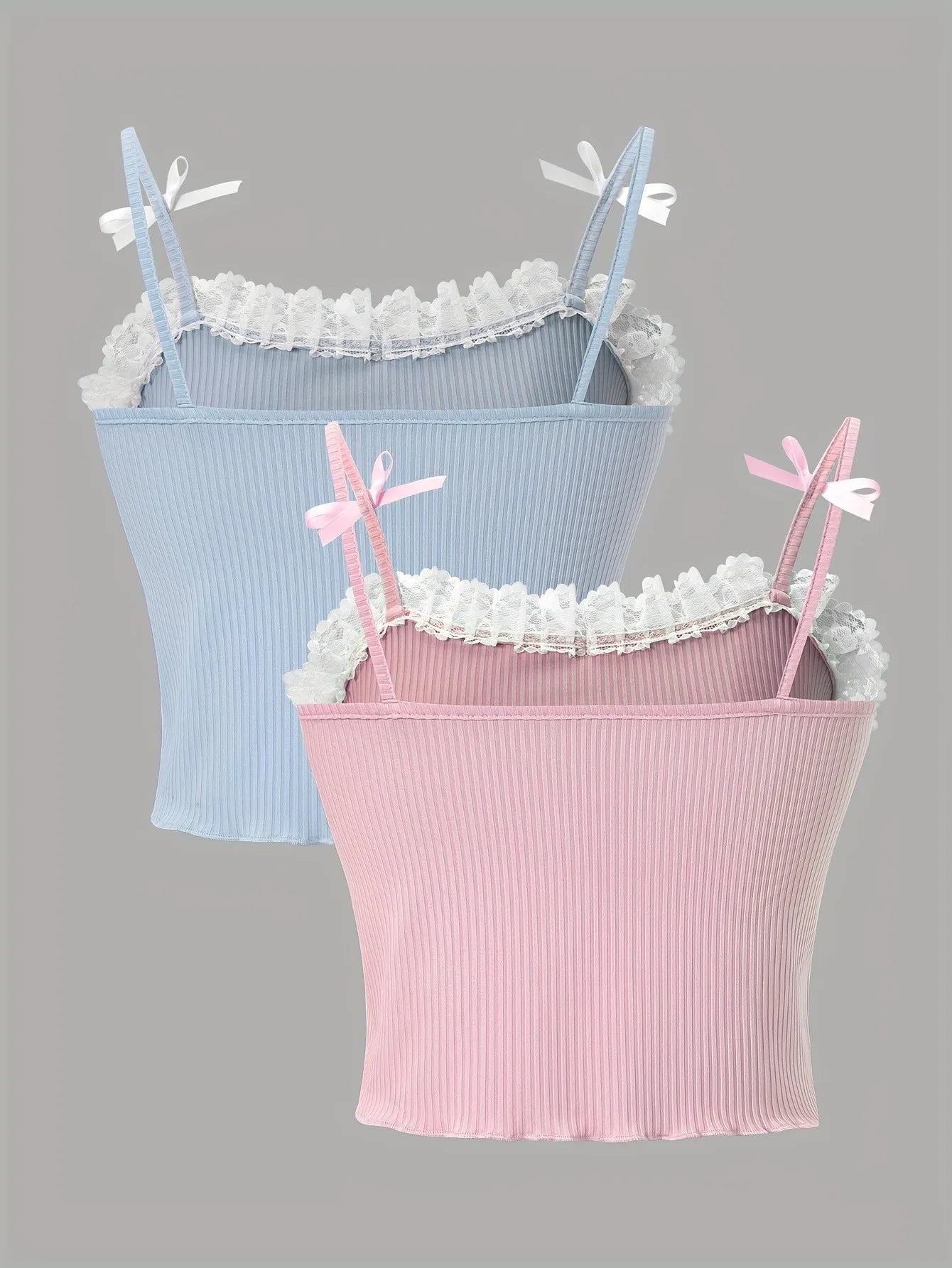 Girls Ribbed Cami Crop Tops with Lace Trim and Bow Detail
