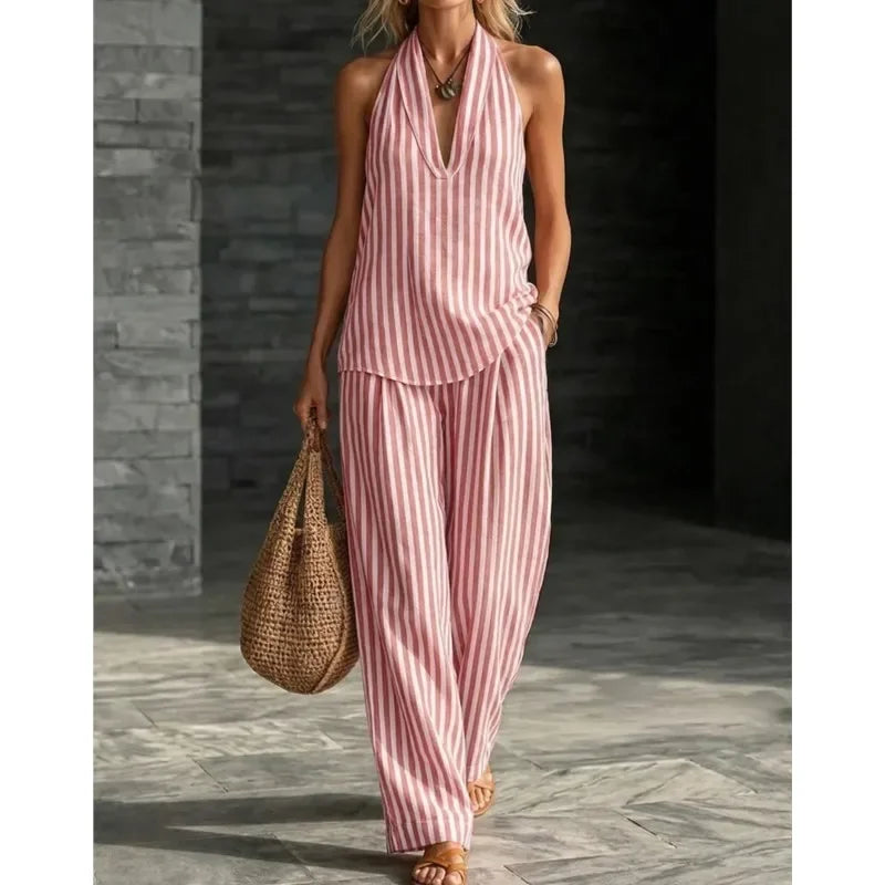 Chic Striped Wide-Leg Pants and Halter Top Set for Women