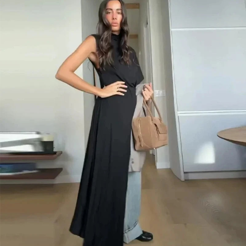 Asymmetrical Pleated Black Top for Women in Polyester