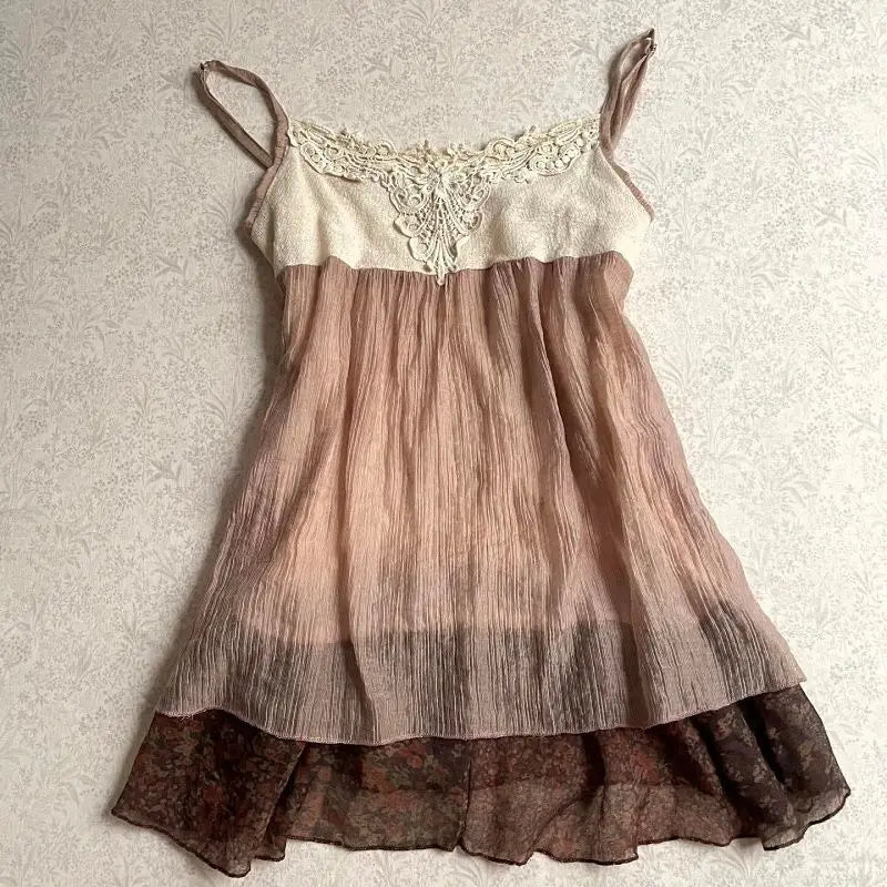 Y2K Vintage Two Piece Dress with Lace Cardigan for Juniors