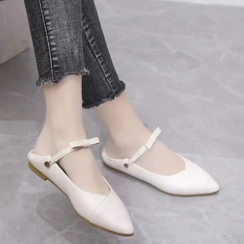 Shoes for Women 2025 Pointed Toe with Bow Ladies Summer Footwear Flats Moccasins White Flat Slip on Young Trend Chic and Elegant