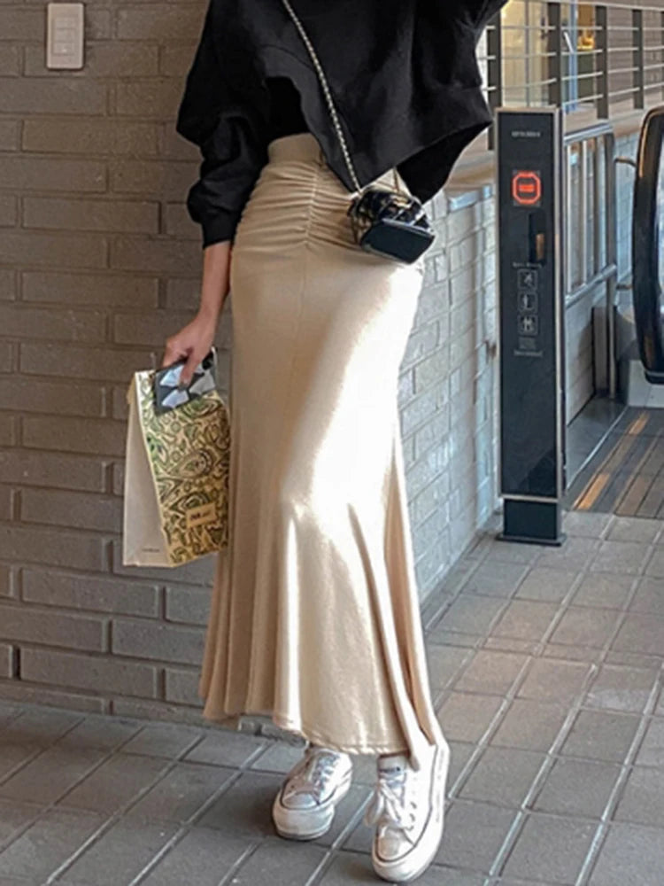 Elegant Pink A-Line Midi Skirt for Women in Satin
