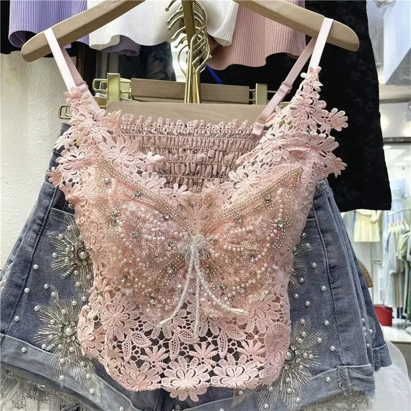 Floral Beaded Tank Top for Women - Y2K Style Crop Top