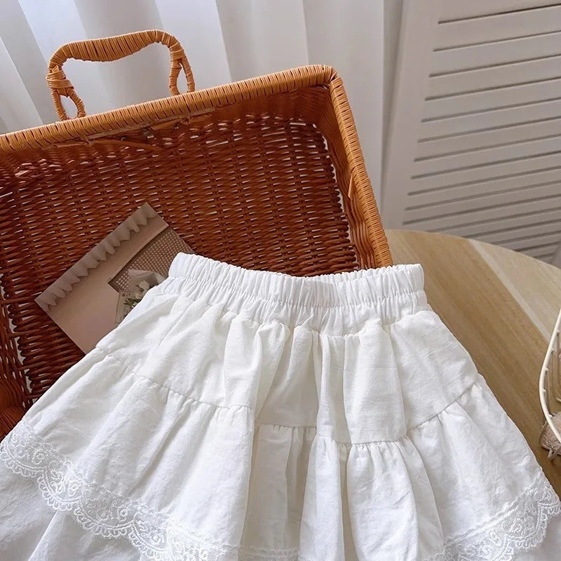 SUMWADI Girls' White Lace Pleated Skirt for Summer 4-6Y