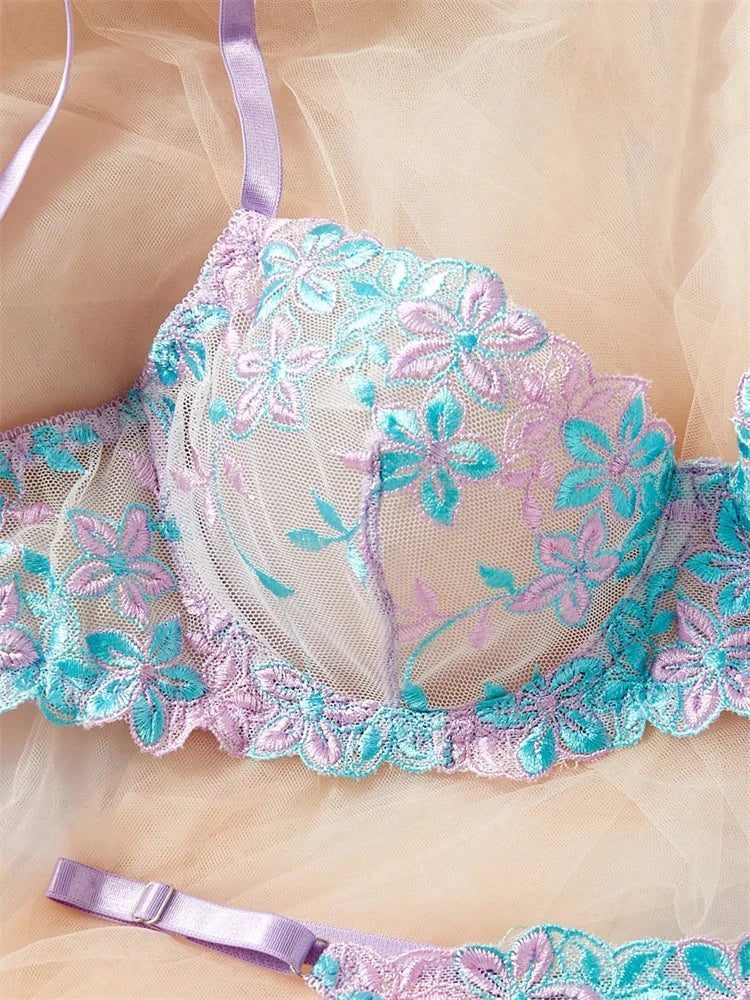 Purple Blue Floral Embroidery Mesh Bra and Panty Set