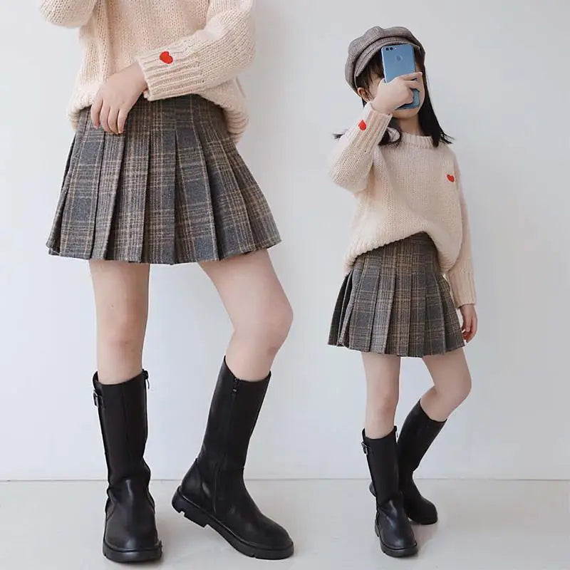 Vintage Plaid Pleated Skirt for Girls Ages 7-13