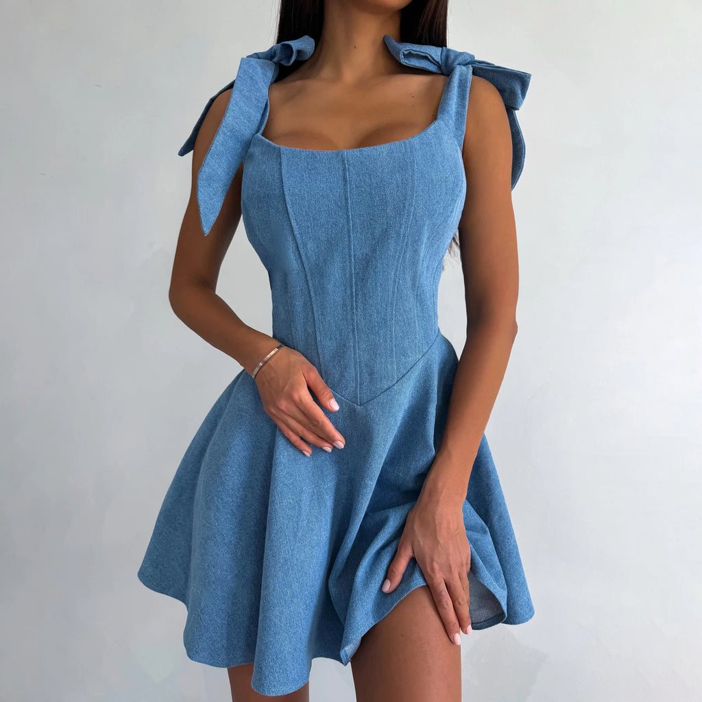 Stylish Denim Dress for Women with Bow and Spaghetti Straps