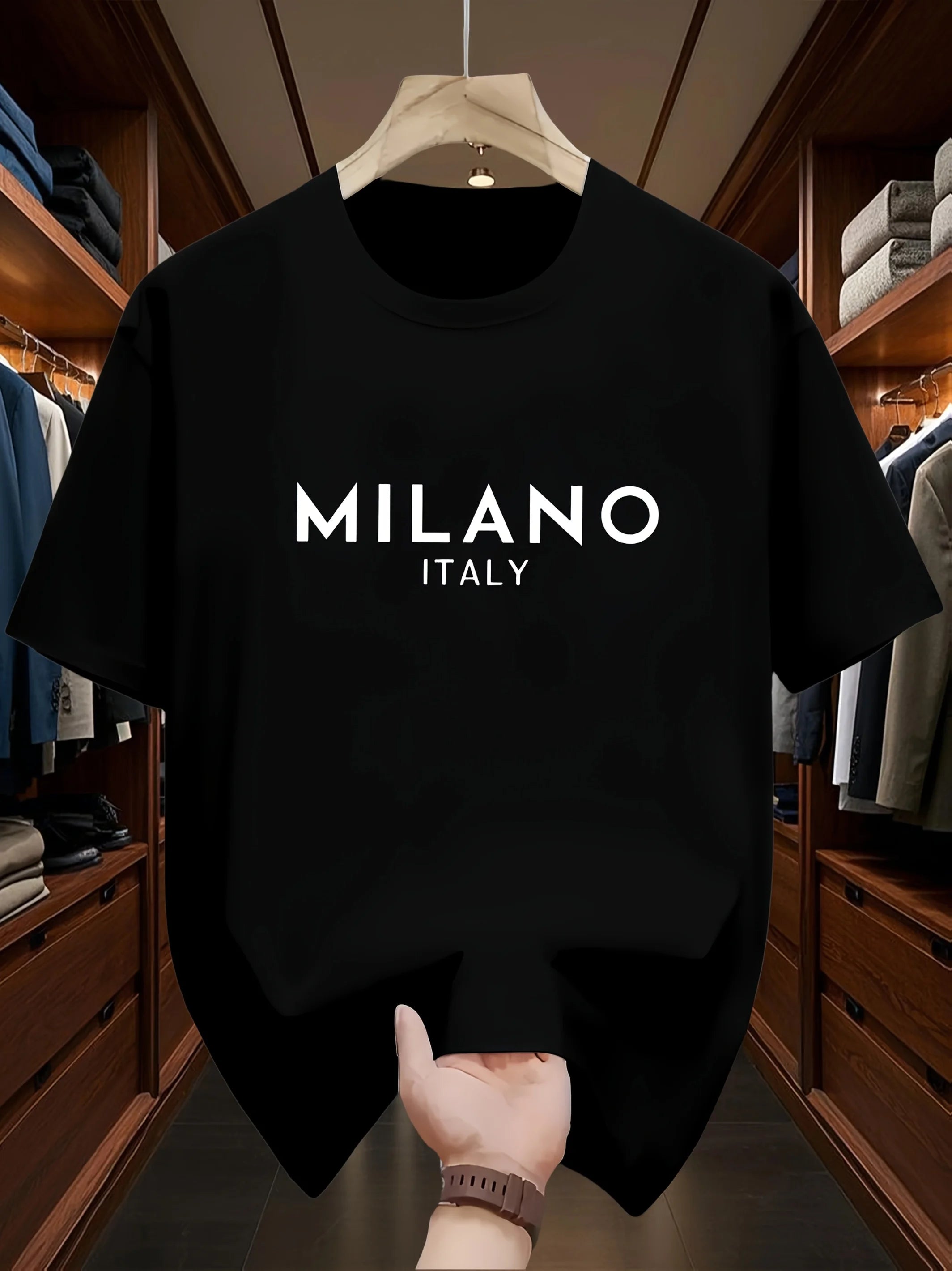 Men's 100% pure cotton fashionable casual loose Italian style Milan letter printed round neck short sleeved T-shirt top