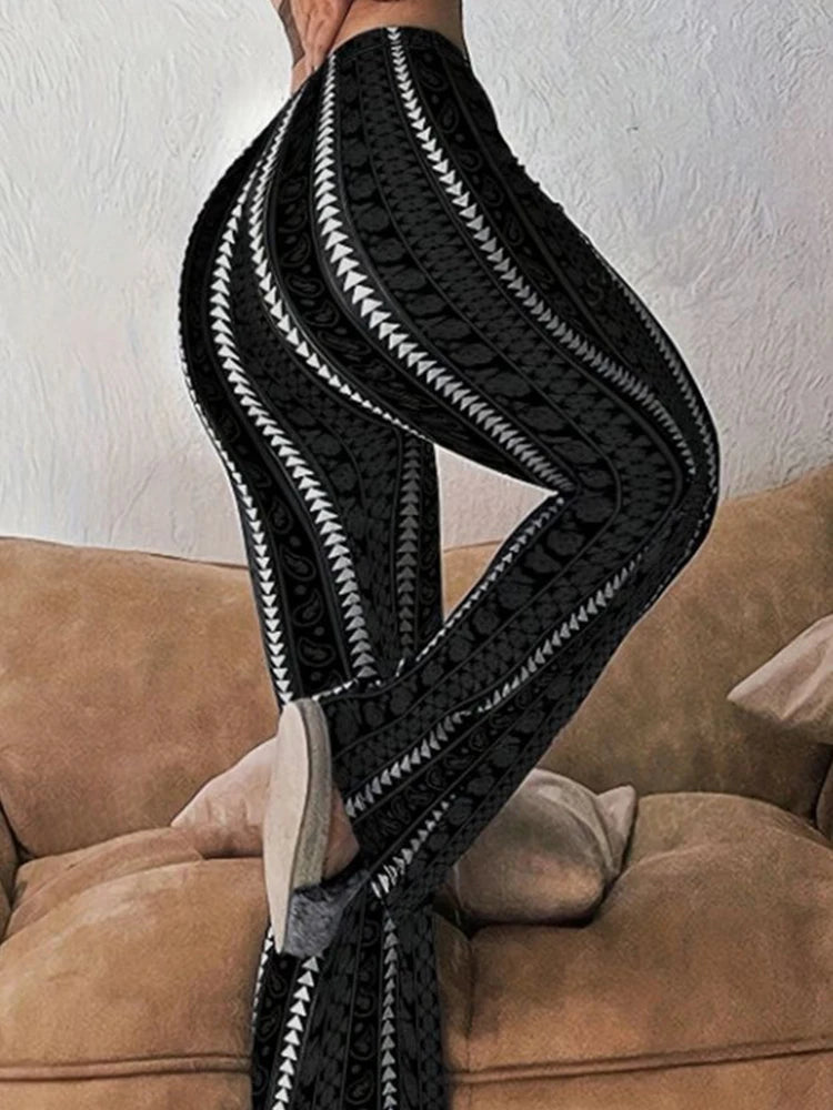 Flared Leggings for Women in Striped Print Casual Style