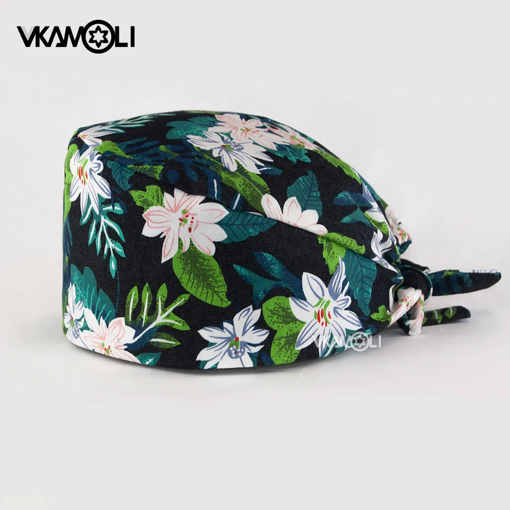 Adjustable Cotton Flower Print Scrub Caps for Women and Men
