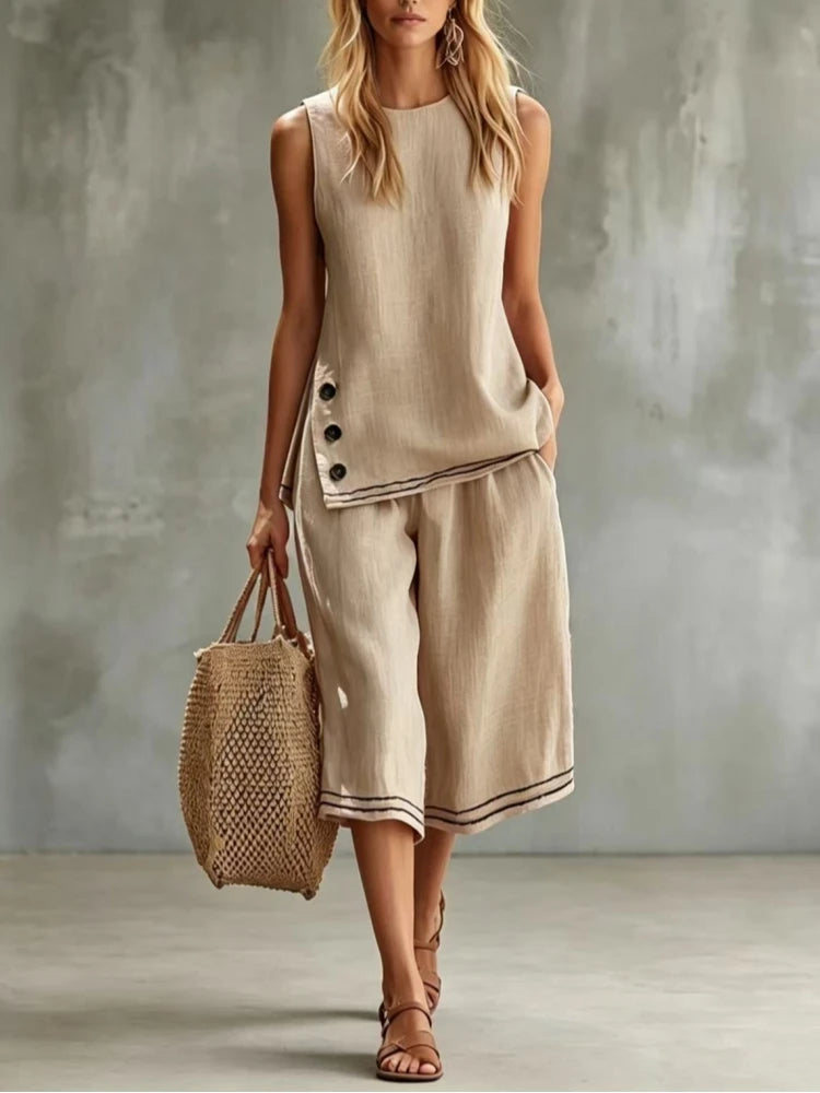 MALEY LifeStyle Women Cotton Linen Vest and Capri Pants Set