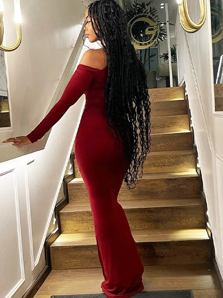 Elegant One-Shoulder Red Knitted Dress for Women