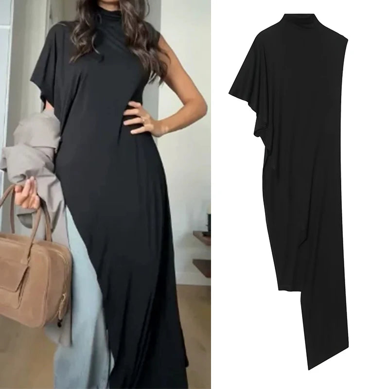 Asymmetrical Pleated Black Top for Women in Polyester