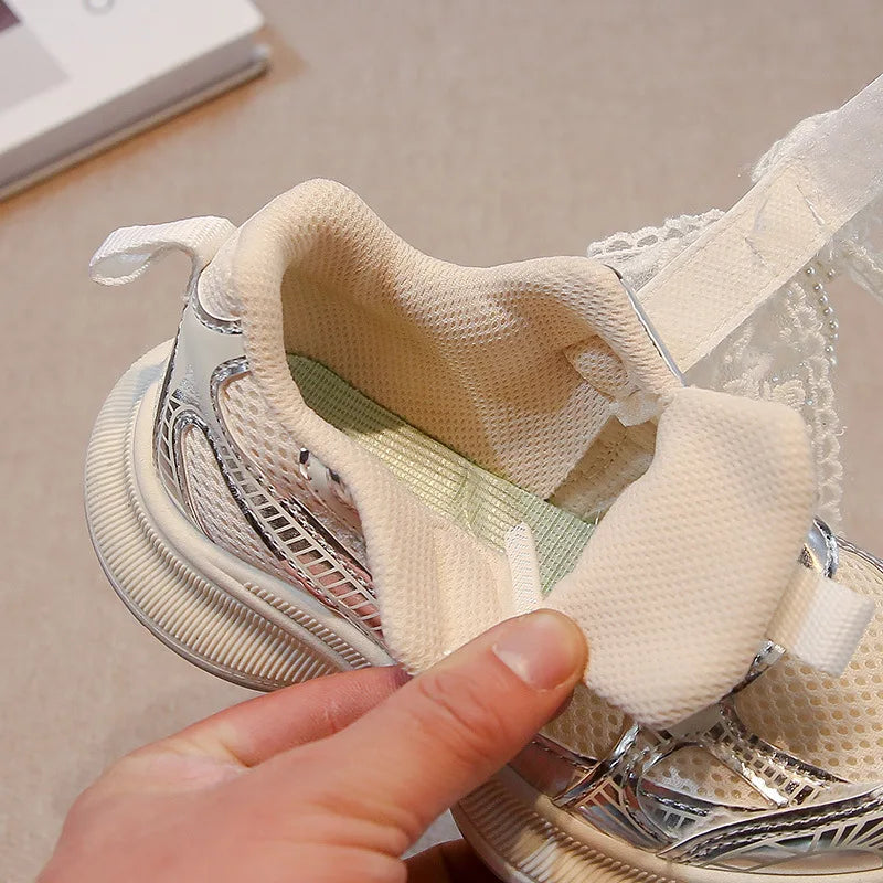 Girls’ Lace and Pearl Embellished Chunky Sneakers for Kids