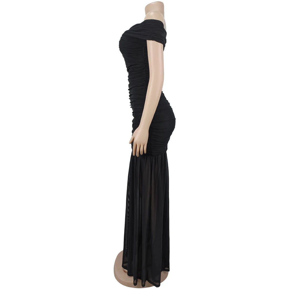 Elegant Off Shoulder Ruched Maxi Dress for Evening Events