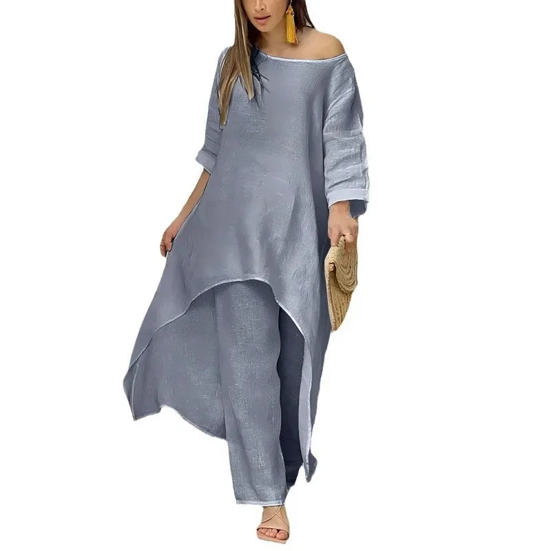 Plus Size Women's Indie Folk Asymmetrical Dress and Pants Set