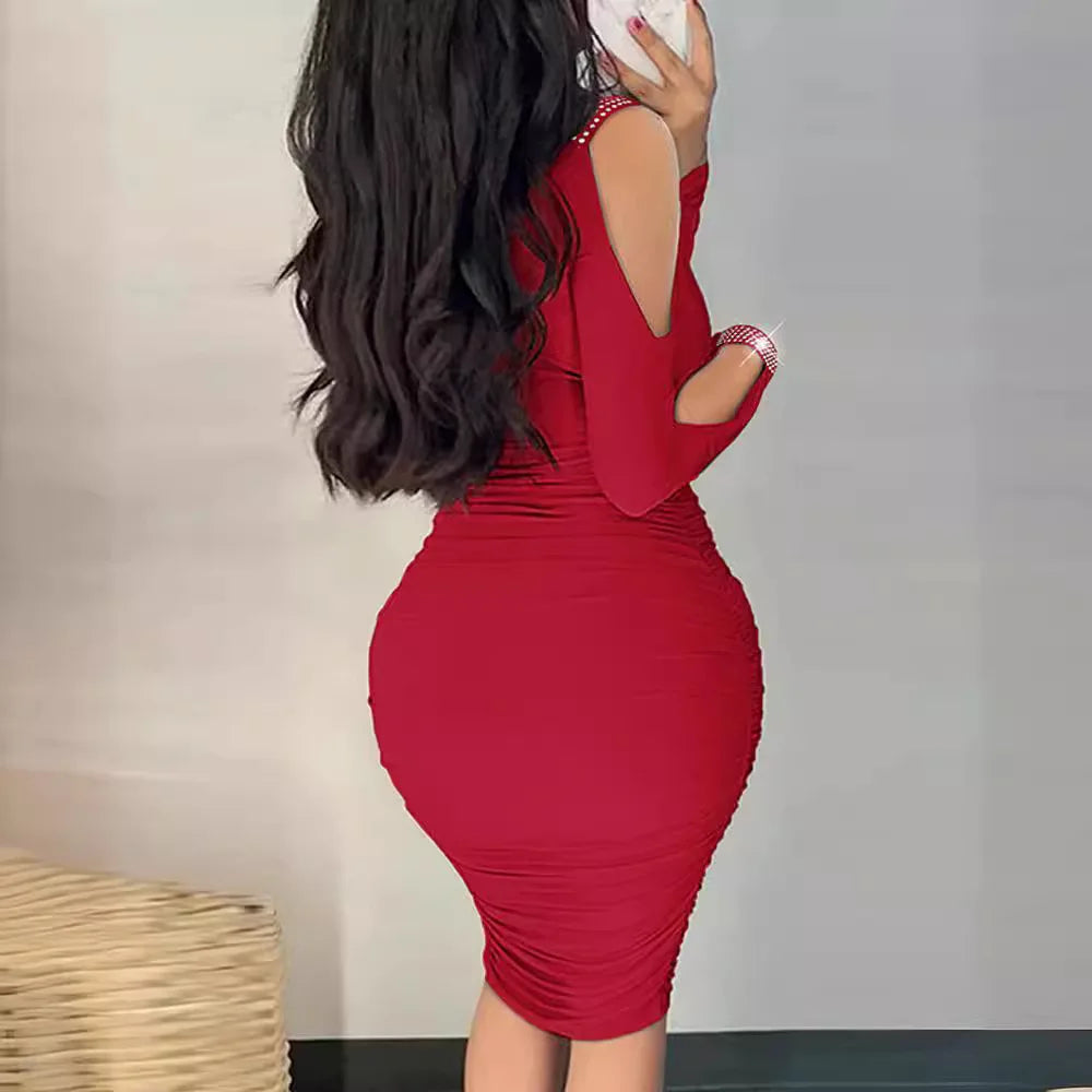 V-Neck Pleated Sheath Dress for Women in Solid Color
