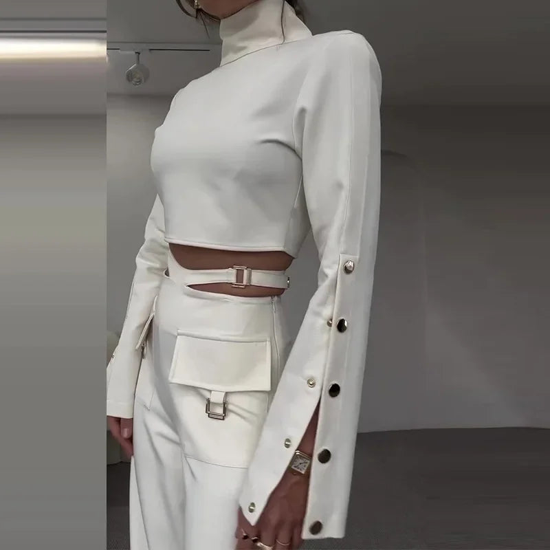 Elegant Women Turtleneck Pant Set with Wide Leg Pants