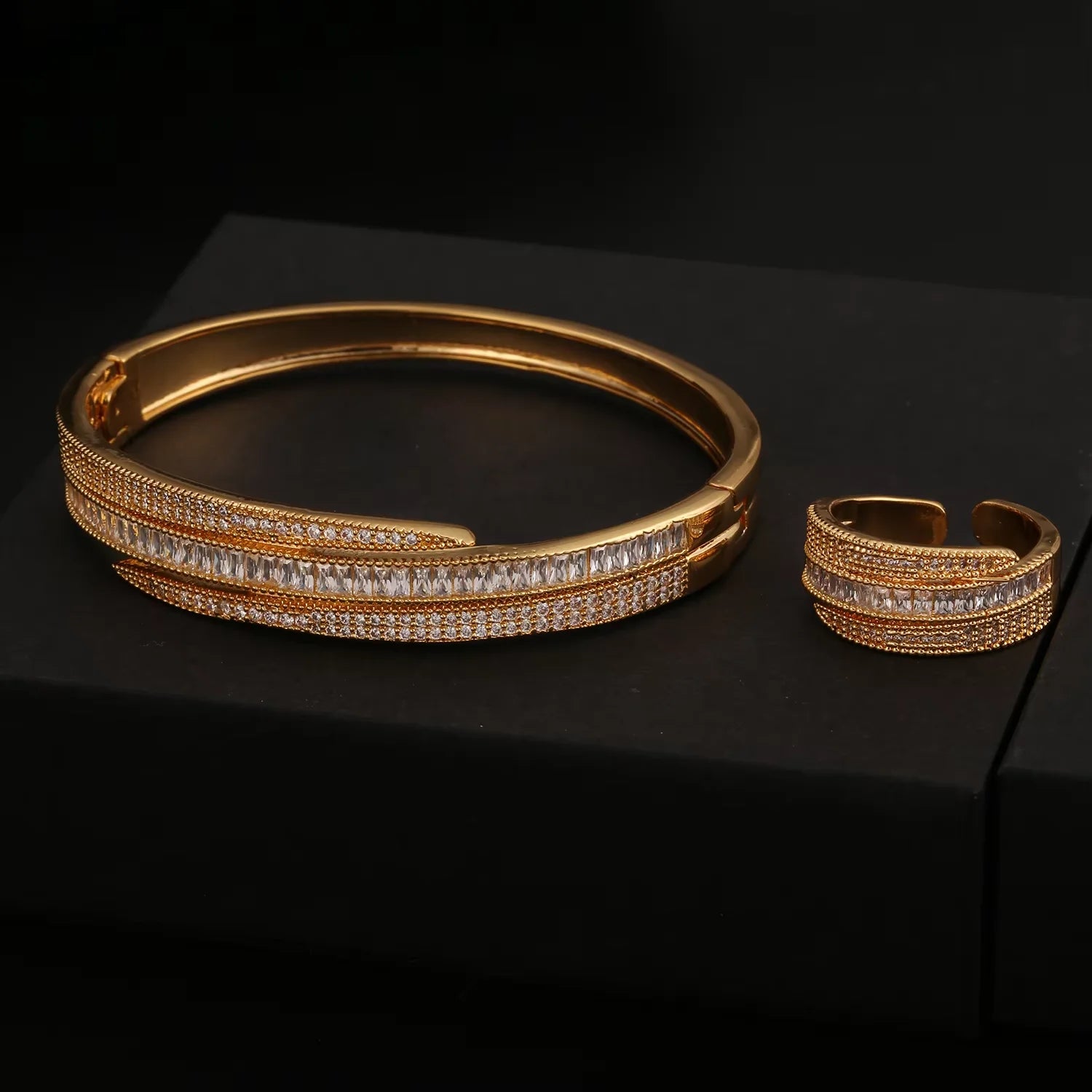 18K Gold Plated Bangle Ring Set for Women with CZ Stones