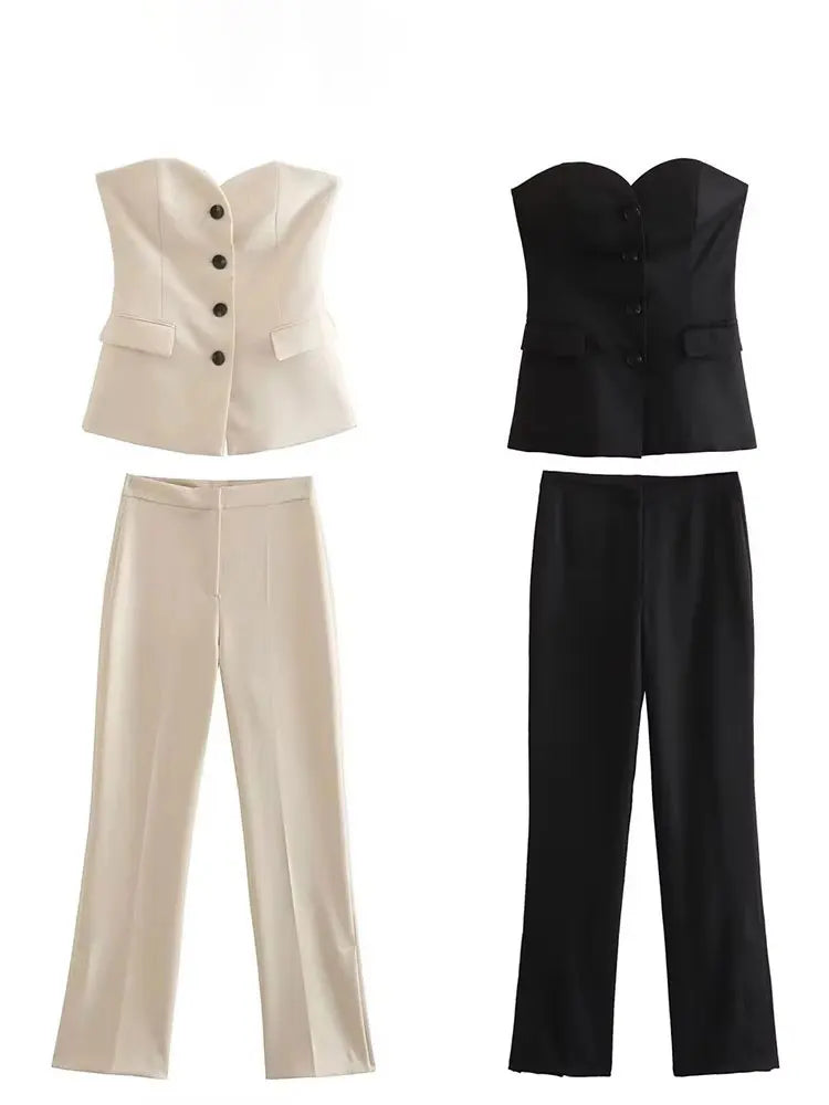 HH Women Solid Pant Suit Strapless Tank Tops and Slit Trousers