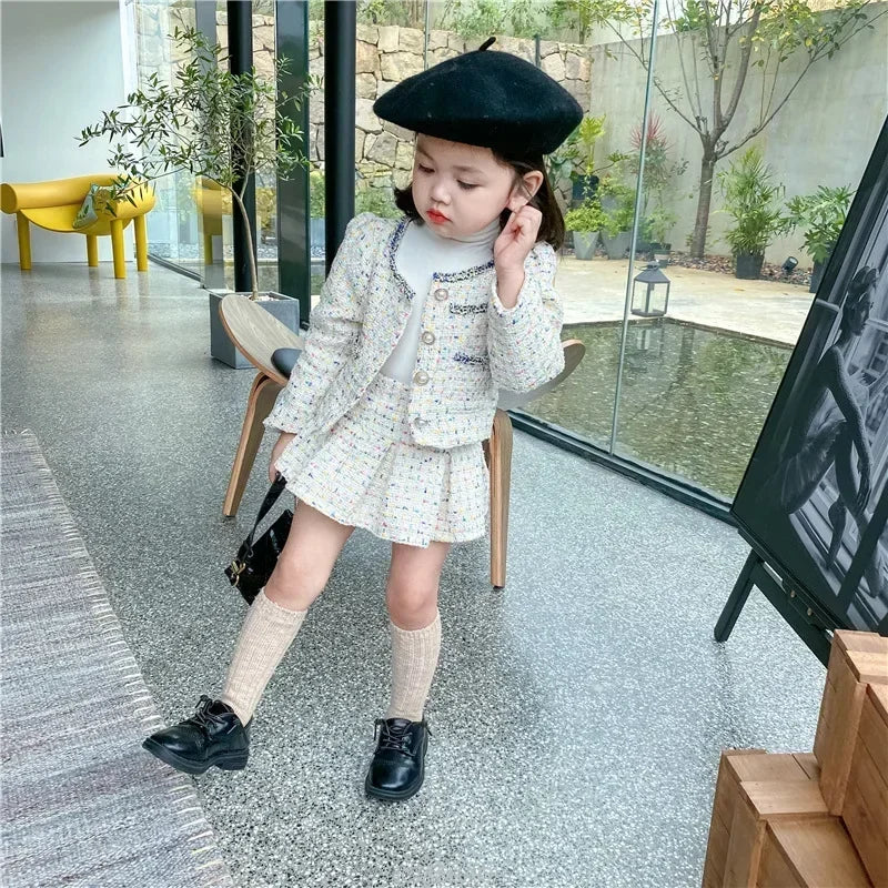 Girls Tweed Coat and Skirt Set for Kids Autumn Fashion