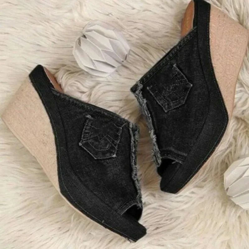 Women Summer Cowboy Slippers Retro Wedge Platform Shoes