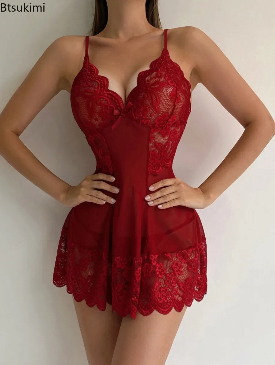 Lace Teddy Dress Set for Women in Red and Blue Sleepwear