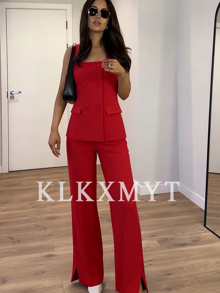 Klkxmyt Women's Vintage Office Suit Set with Chic Vest and Pants