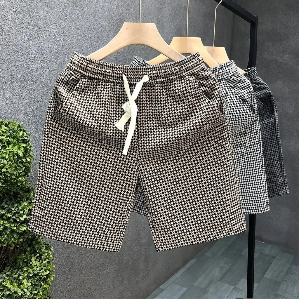 Men's Quick Dry Casual Shorts with Elastic Waist in Plaid