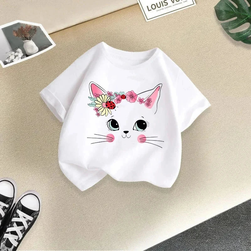 Girls Summer Short Sleeve T-shirt in Cartoon Style