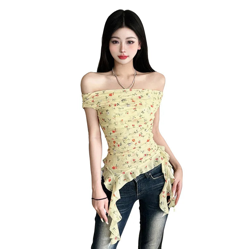 Floral Polyester One Shoulder Tank Top for Women by bywindto