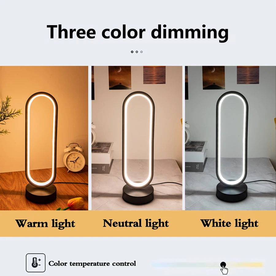 Dimmable LED Ring Table Lamp in Black for Bedroom and Living Room