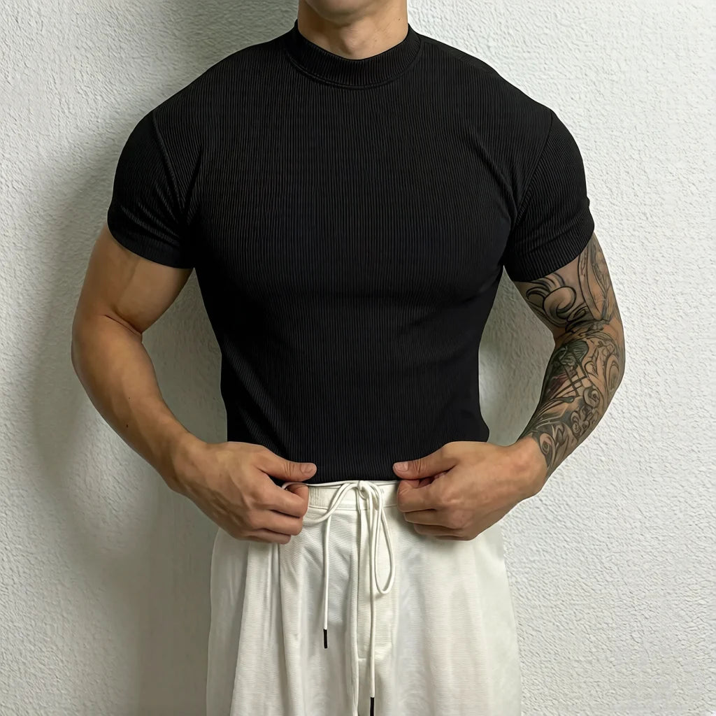 Man Fashion Tops Men's T-shirt Small High Collar Stripe Shirt Casual T-shirt Short Sleeve Fitness T shirt Men Sport Clothing