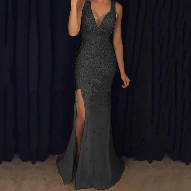 Women's Ankle-Length Slit Bronzing Dress with V-Neckline