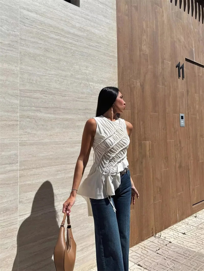 Women's Asymmetrical White Sleeveless Top by Guobioziy