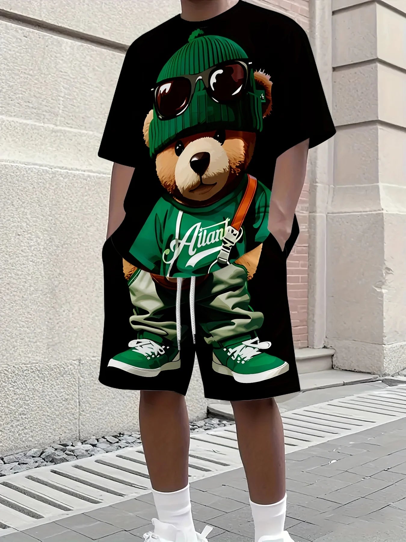 2026 New Men's Short-Sleeve Summer Set, featuring a 3D bear print, urban casual style, comfortable and soft. Couple Street Style