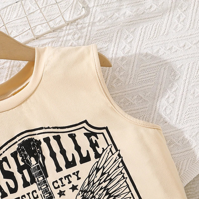 Girls Retro Rock Print Tank Top and Cargo Shorts Set