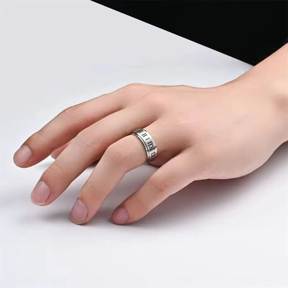 Fashionable men's rotating ring with niche design, stress relieving and anti anxiety casting, Roman numeral rotatable ring
