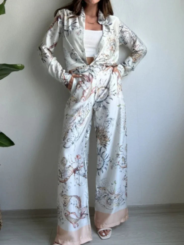 Elegant Print Long Sleeve Shirt and Wide Leg Pants Set