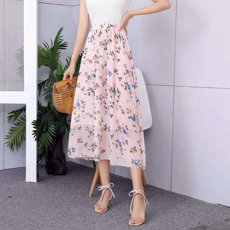 Floral High Waist Chiffon Midi Skirt for Women Summer 2025