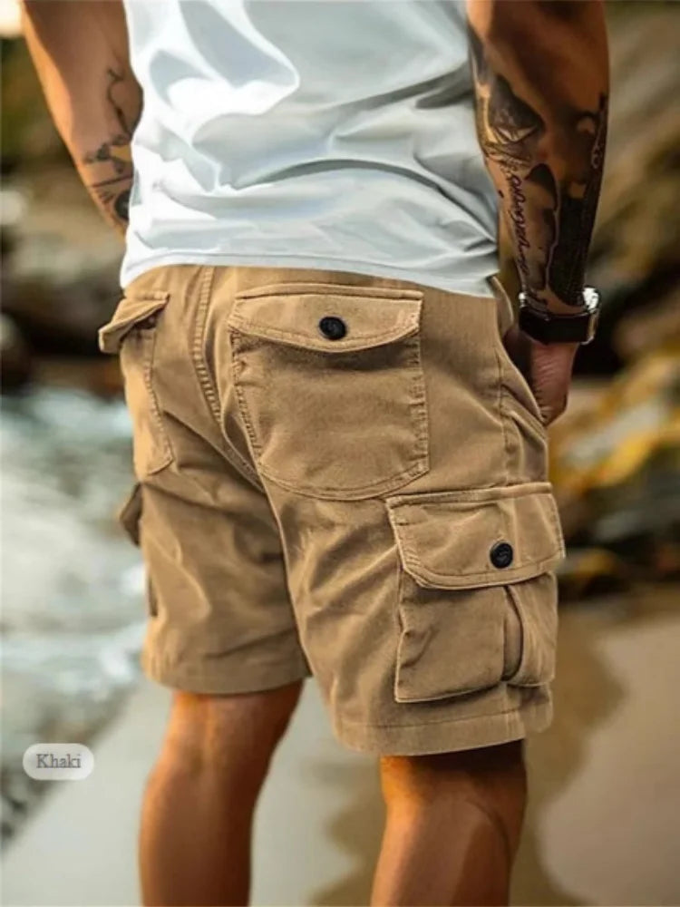 Men's Workwear Shorts Summer Casual Corduroy Loose Elastic Waist Multi-Pocket Leisure Pants Embroidery Retro Style Male Trousers