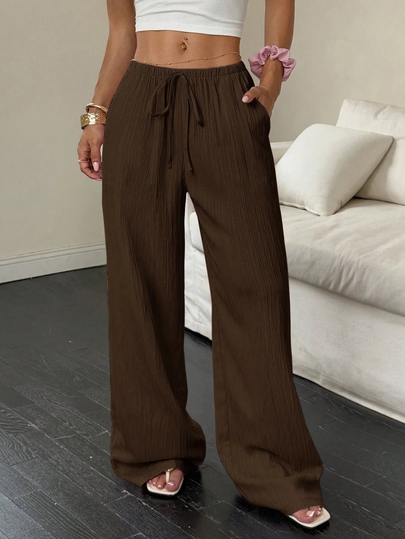 Women's Casual Solid Color Wide-leg Pants in Textured Fabric