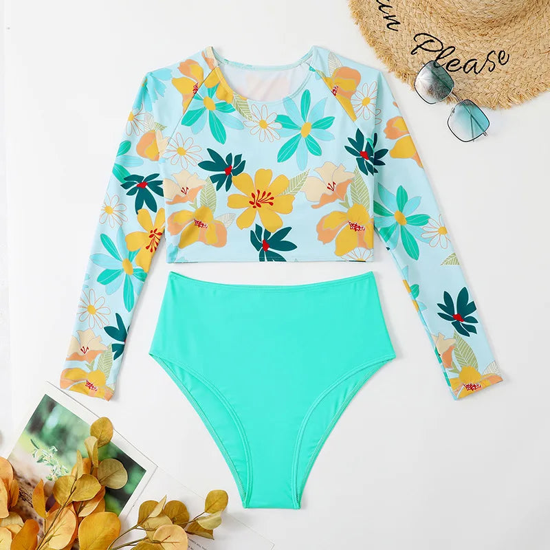 High Waist Long Sleeve Bikini Set for Women by MALEY LifeStyle