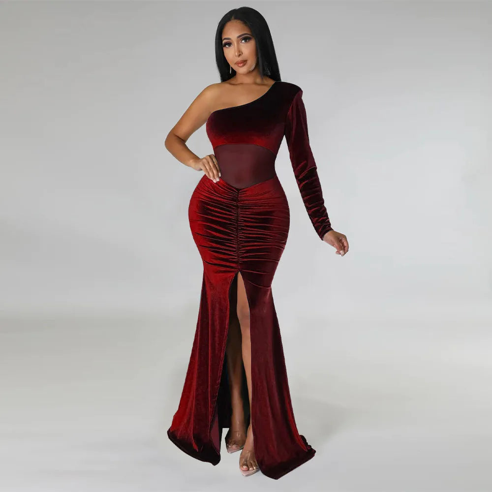 Floor-Length Evening Dress with Diagonal Collar by STEFION