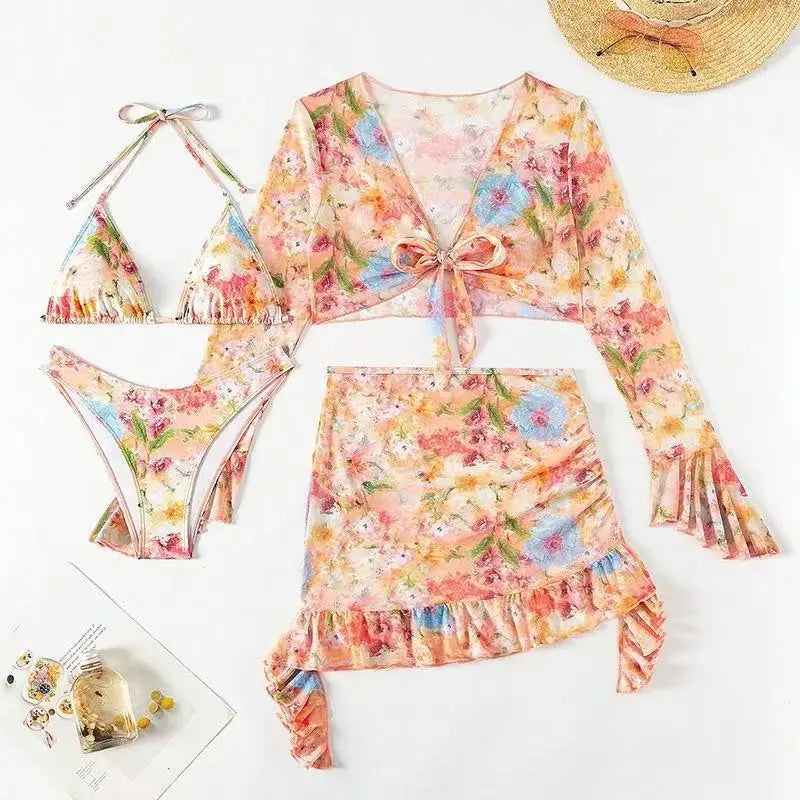 Floral Print Long Sleeve Swimsuit Set for Women