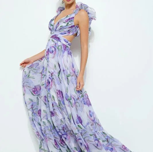 Floral Printed V-Neck Long Dress for Women by MALEY LifeStyle
