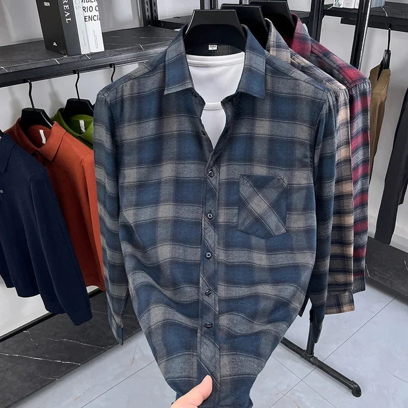 2026 Autumn New Men's Printed Striped Long Sleeved Shirt Casual Fashion Versatile Men's Top
