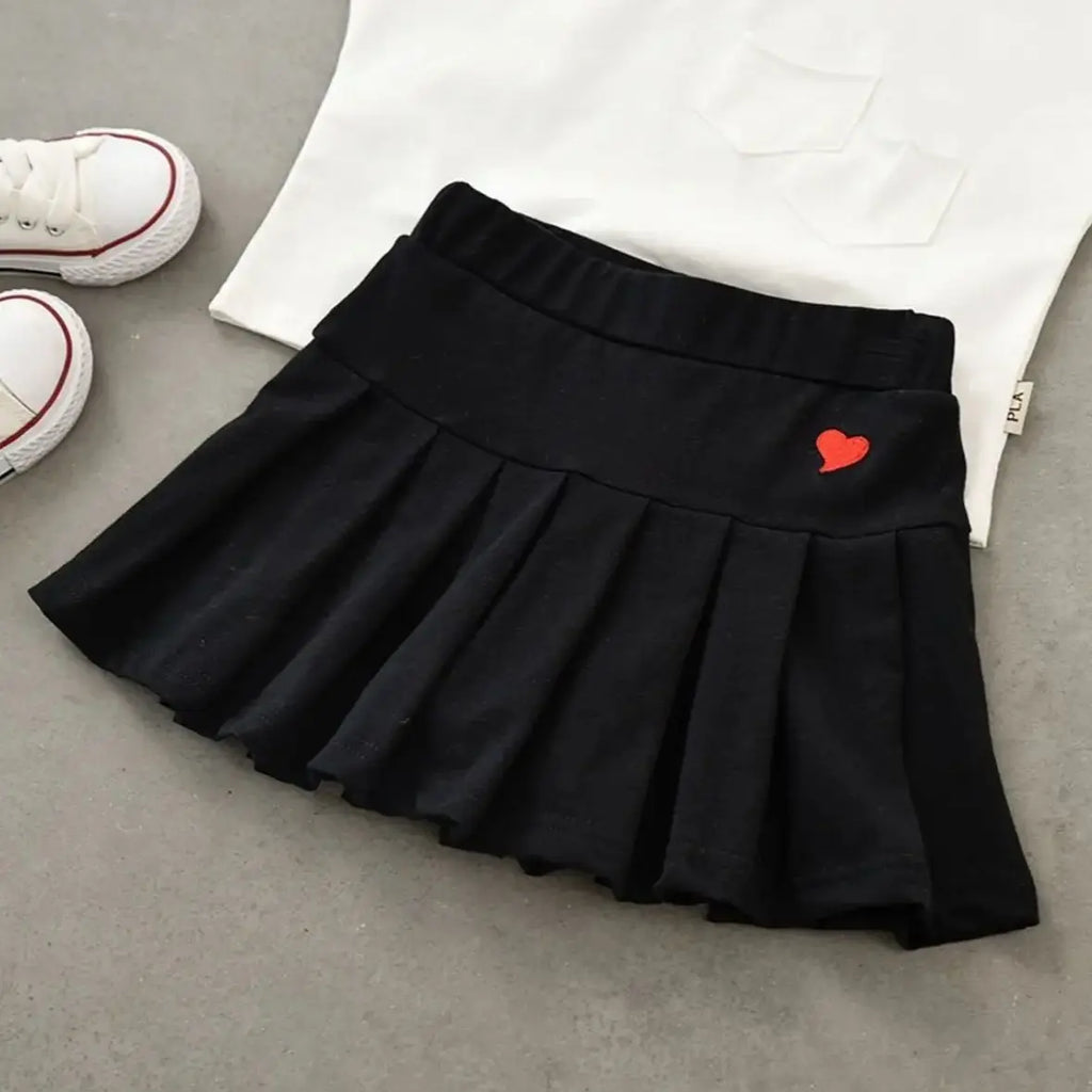 Cute Girls Pleated Skirt with Heart Print for Ages 7-13